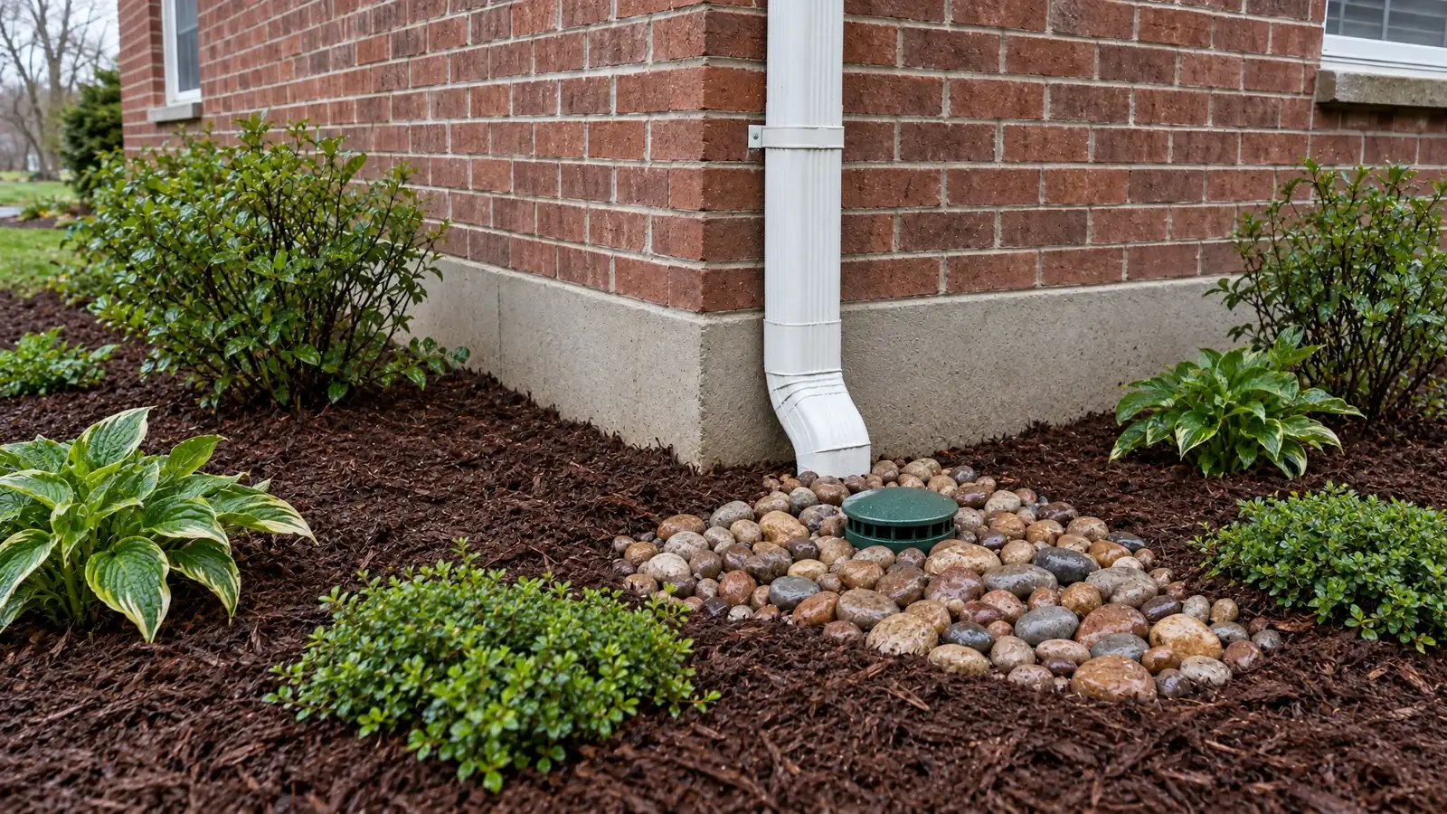 After: the same corner with a buried downspout line and pop-up emitter