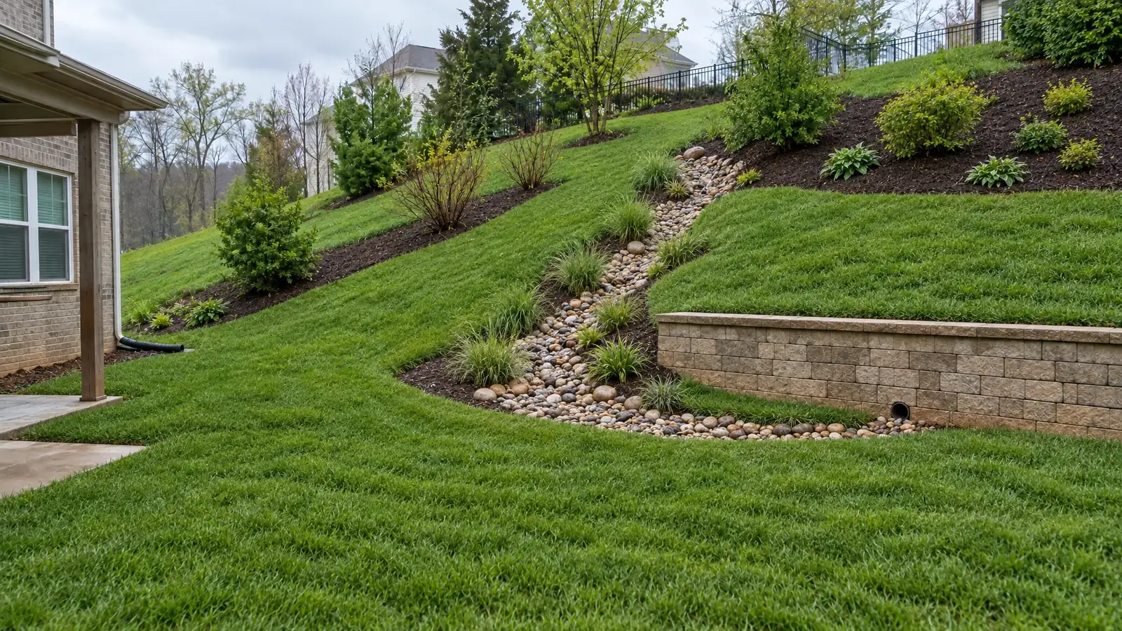 After: the same hillside with a swale, new grass and a drained retaining wall