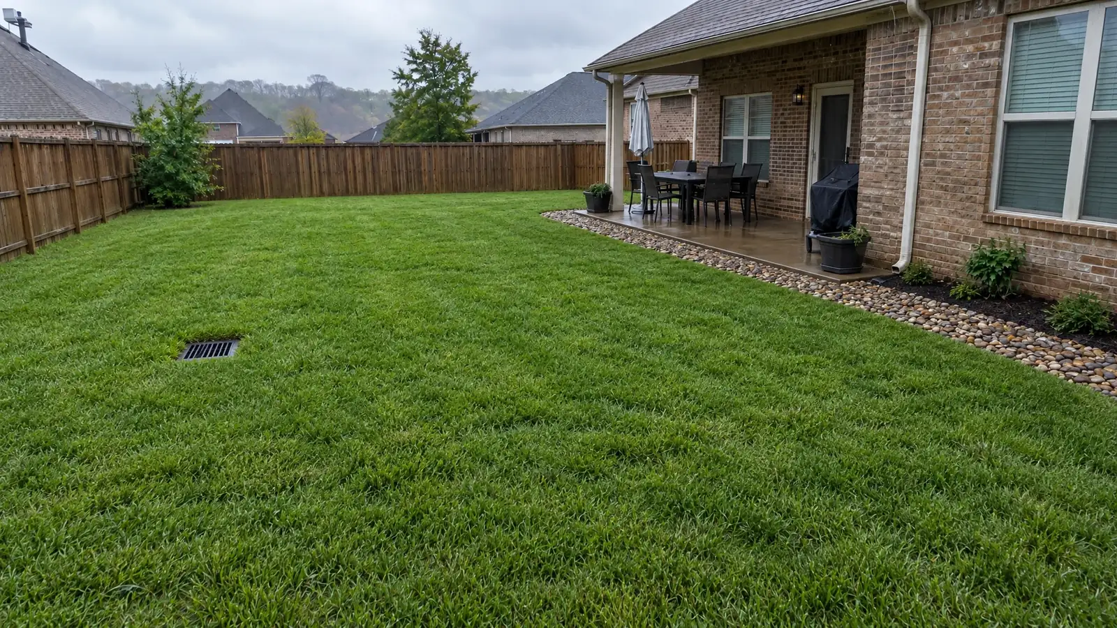 After: the same backyard dry and green with a French drain and catch basin