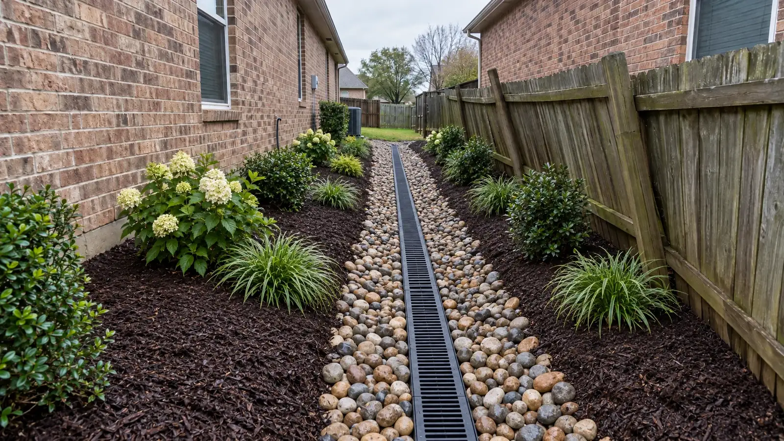 After: the same side yard with a rock swale and channel drain