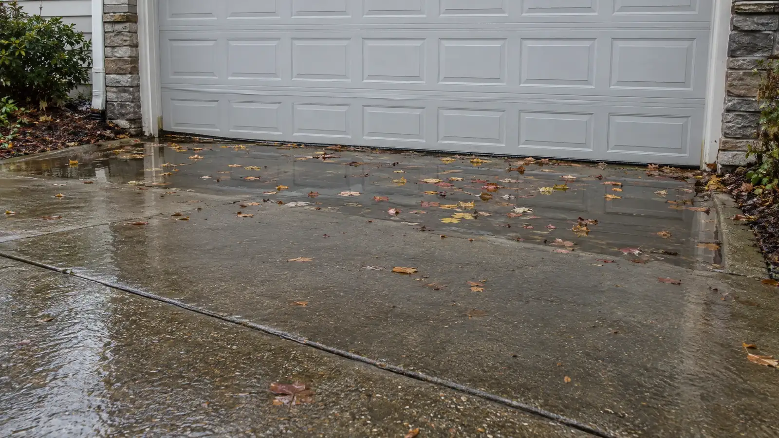 Before: a driveway with water pooled at the garage door