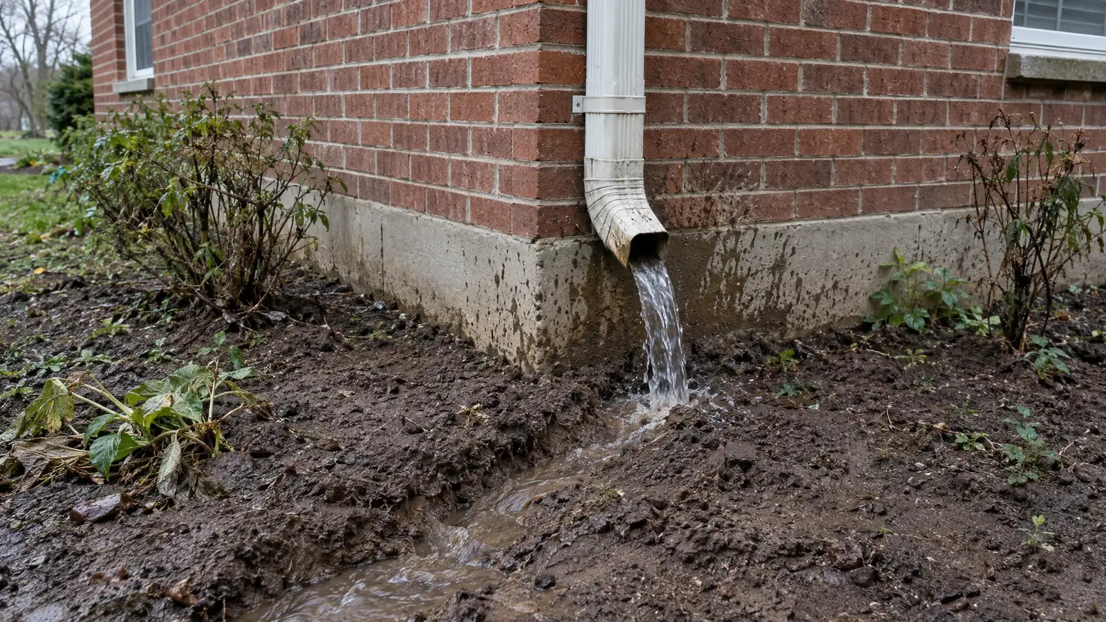 Before: a downspout dumping water onto bare soil at the foundation