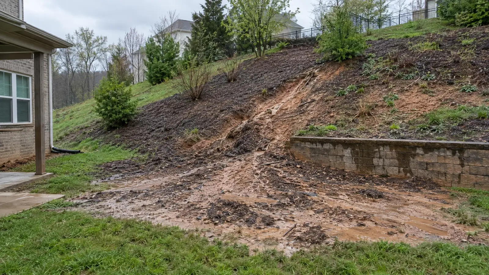 Before: a hillside yard washing mulch and soil downhill