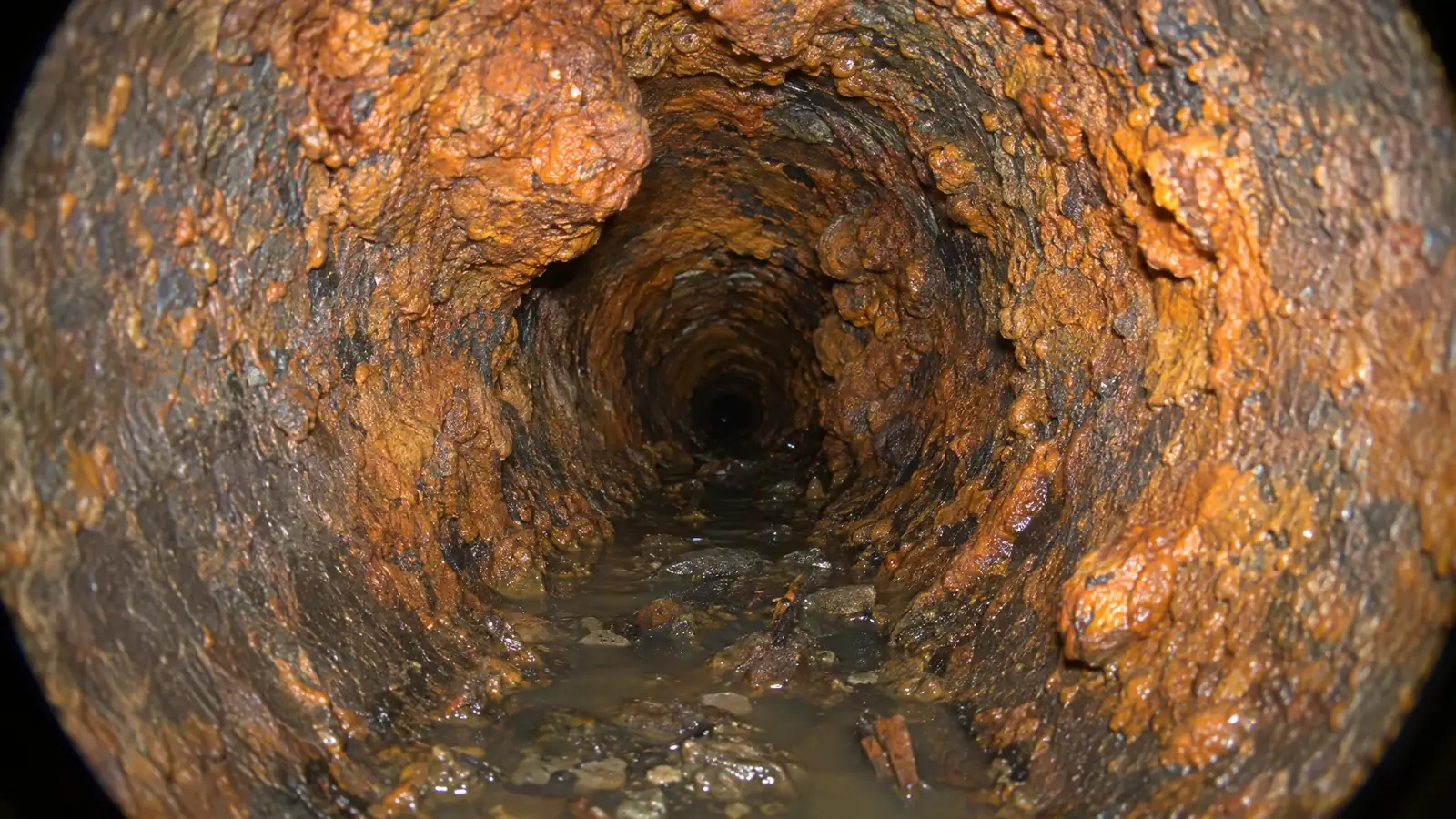 Before: a corroded cast iron pipe interior with rust scale