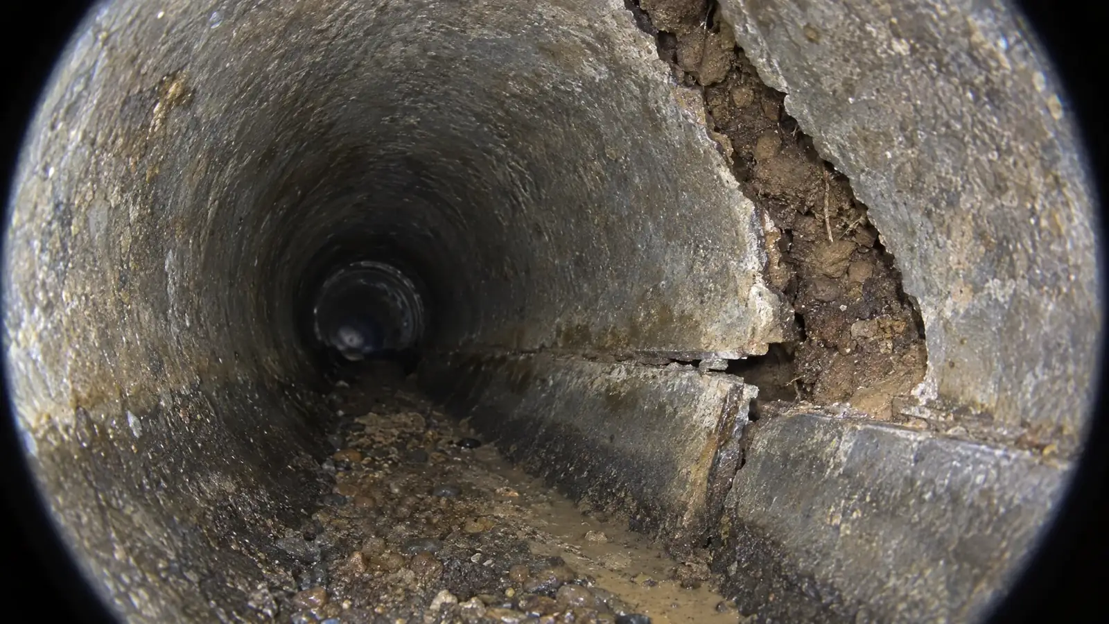 Before: a cracked, offset sewer pipe interior