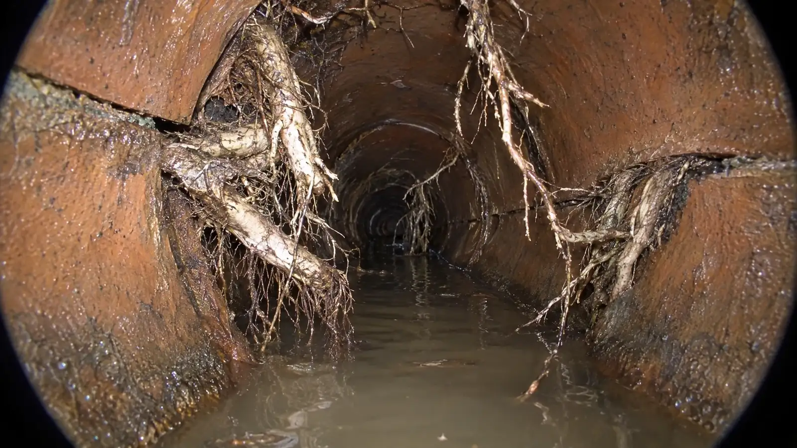 Before: a sewer pipe interior full of tree roots and offset joints