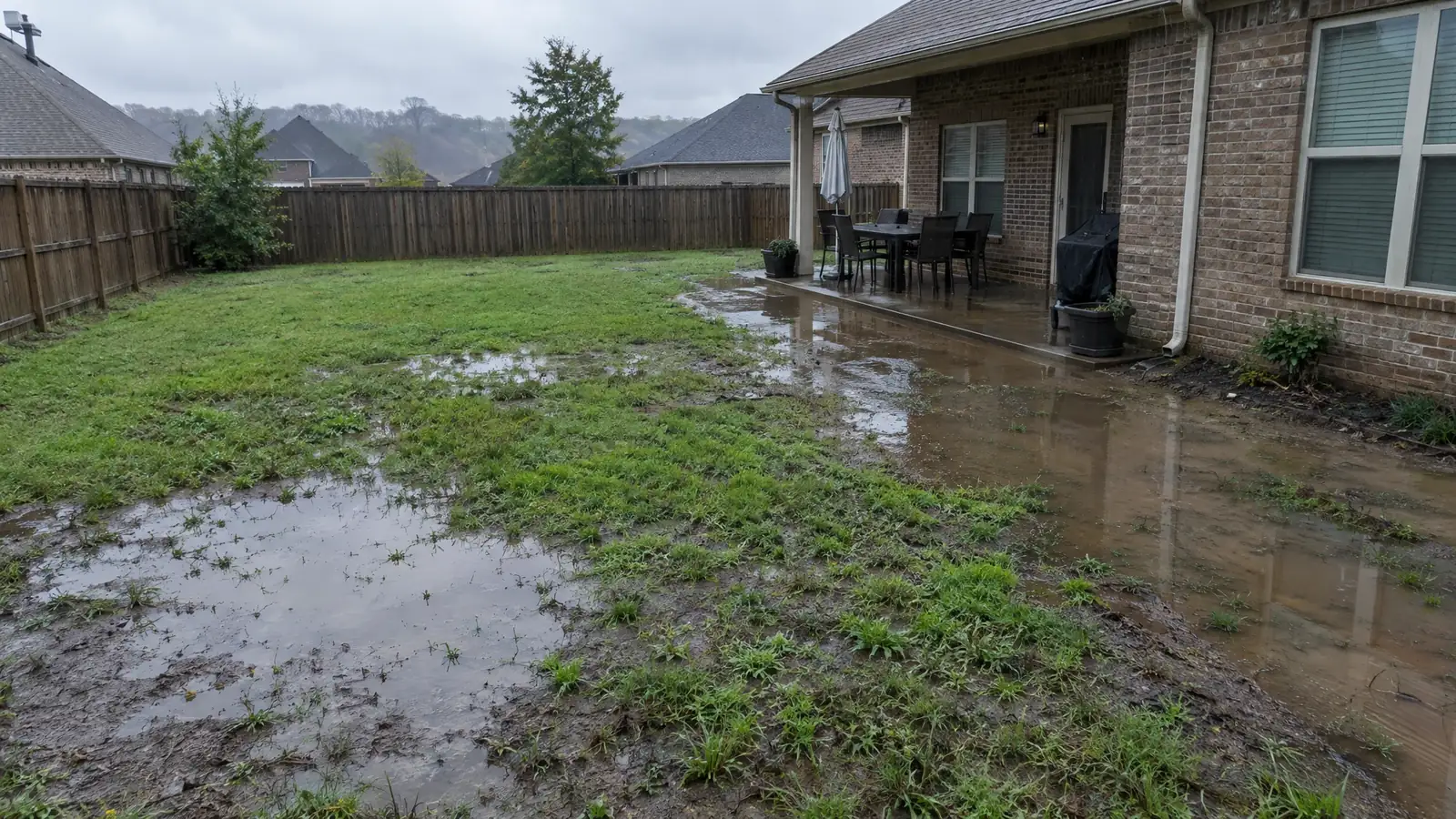 Before: a soggy backyard with standing water against the patio