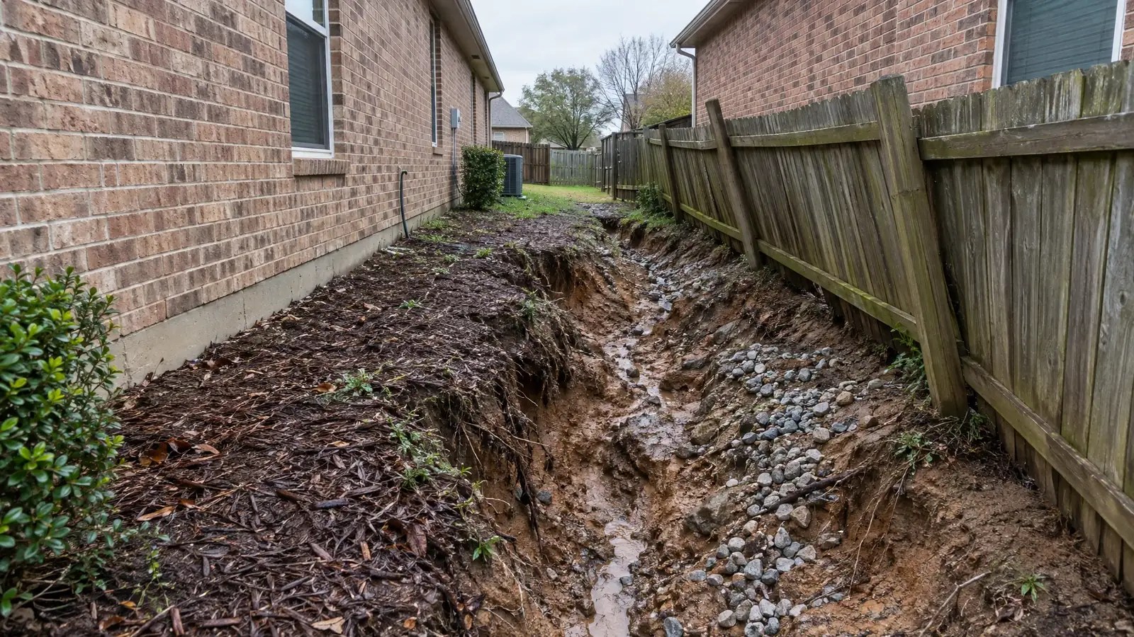 Before: a side yard cut by an erosion gully