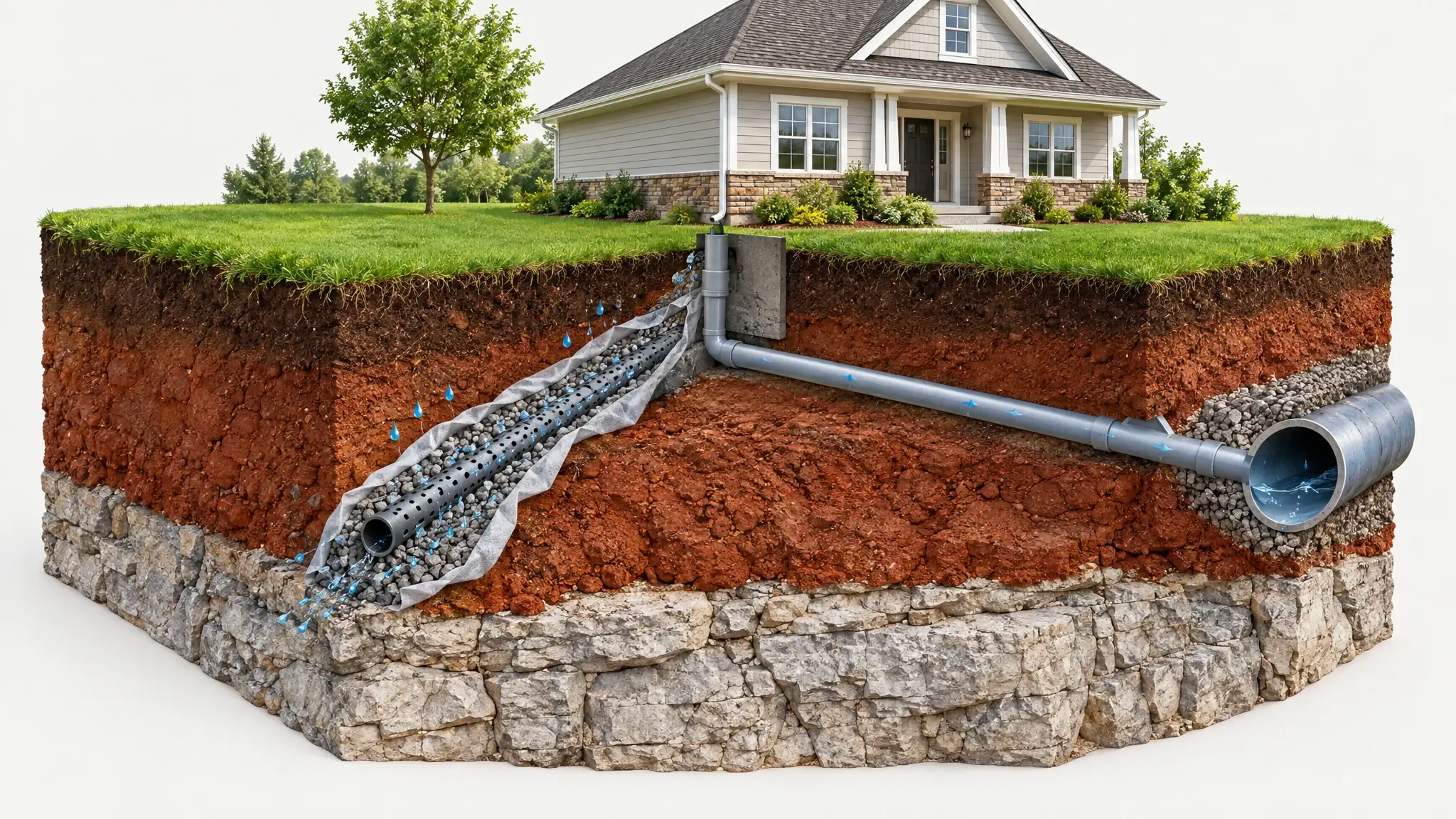 A cutaway of a Tennessee yard showing a French drain in gravel and a lined sewer pipe underground