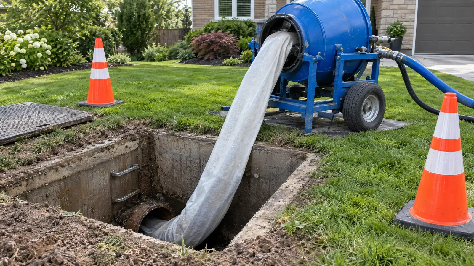 A CIPP pipe lining installation in a front yard